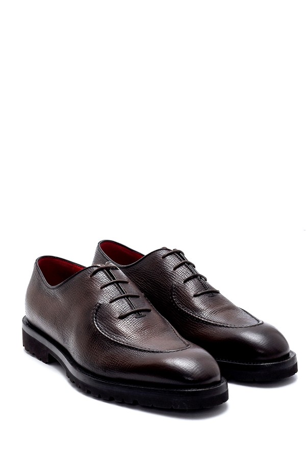 Kahverengi Deri Bağcıklı Lastik Taban Klasik Ayakkabı