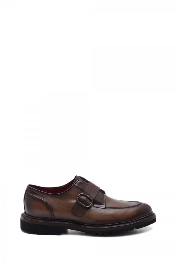 Kahverengi Deri Lastik Taban Tek Tokalı Klasik Ayakkabı
