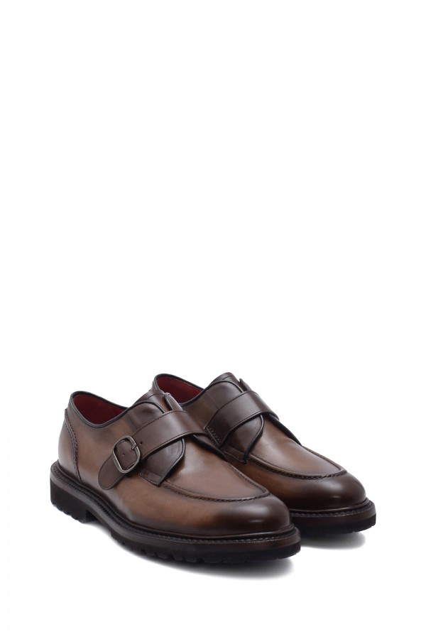 Kahverengi Deri Lastik Taban Tek Tokalı Klasik Ayakkabı