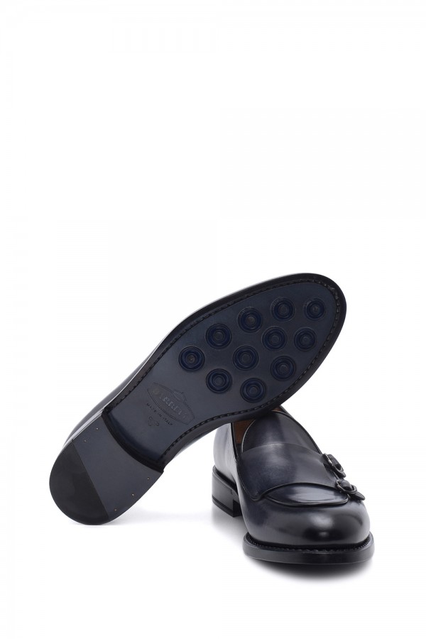 Lacivert Deri Çift Tokalı Kösele Taban Klasik Ayakkabı