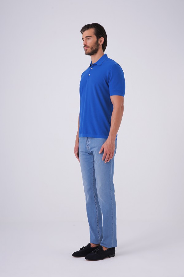 Oxford Doku 3 Düğme Polo Yaka Mavi Renk Tshirt