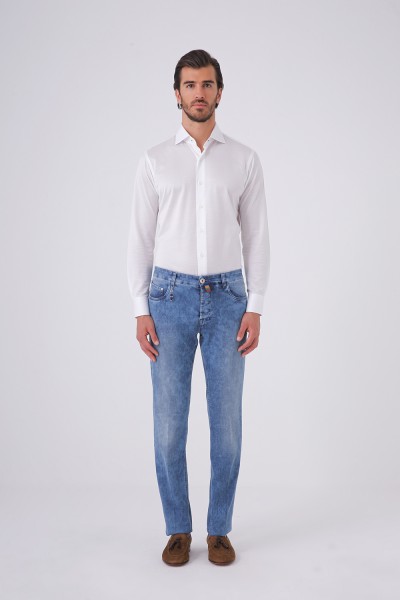 Önü Düğmeli Beş Cepli Eskitme Denim Pantolon