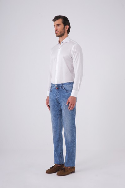 Önü Düğmeli Beş Cepli Eskitme Denim Pantolon