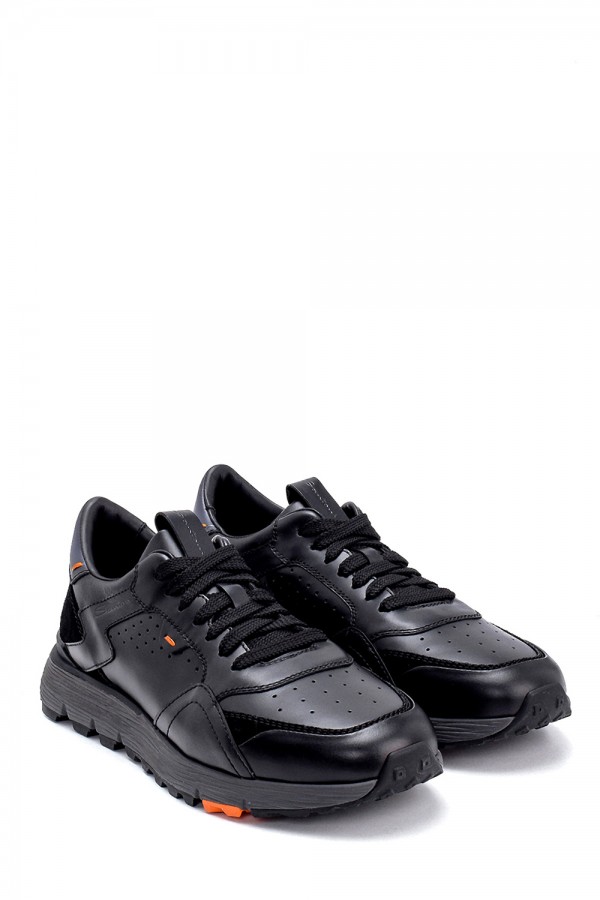 Siyah Deri Altı Lastik Bağcıklı Sneakers