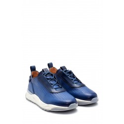 Mavi Deri Bağcıklı Lastik Taban Sneakers