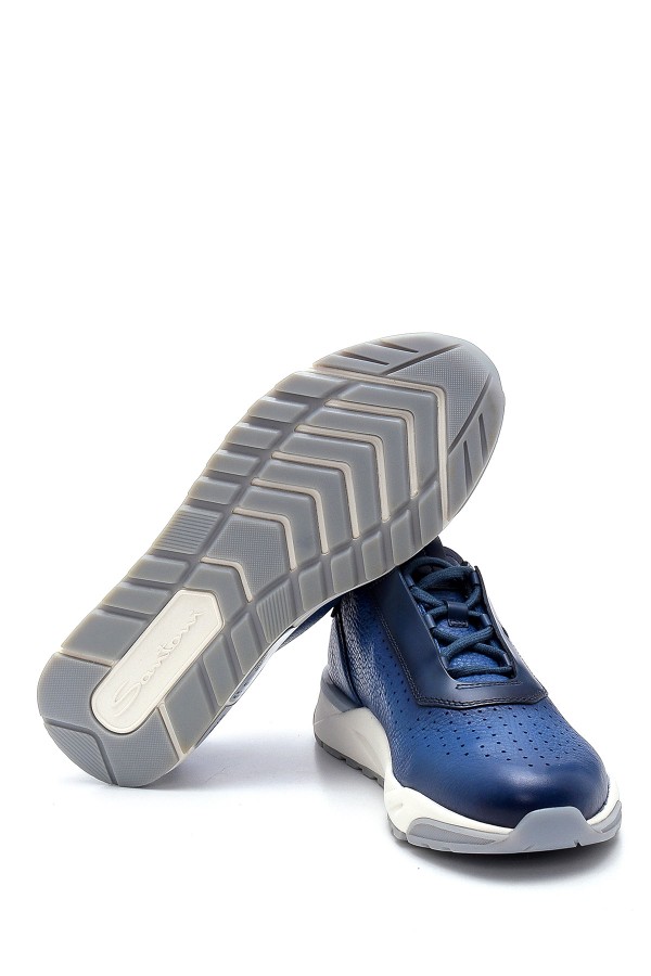 Mavi Deri Bağcıklı Lastik Taban Sneakers