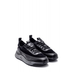 Siyah Deri Ve Süet Deri Bağcıklı Lastik Taban Sneakers