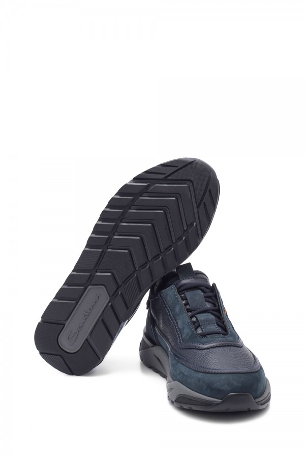 Lacivert Deri Ve Nubuk Deri Bağcıklı Lastik Taban Sneakers
