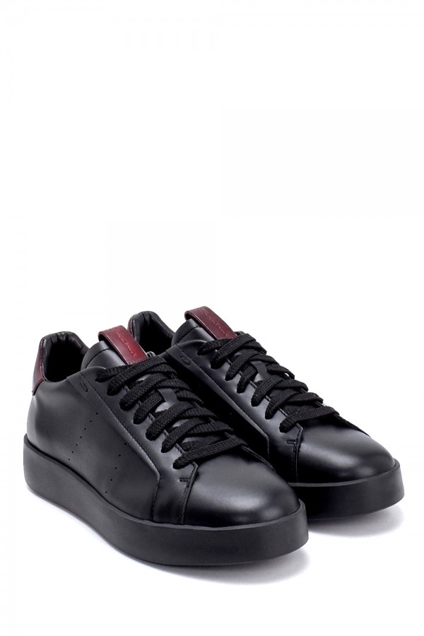 Deri Siyah Altı Lastik Bağcıklı Sneakers