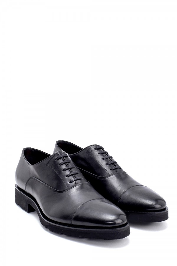 Deri Siyah Altı Lastik Bağcıklı Klasik Ayakkabı