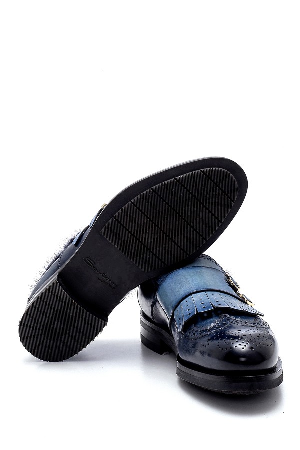 Lacivert Ve Mavi Çift Renk Deri Bilek Kısmı Kürklü Ayakkabı
