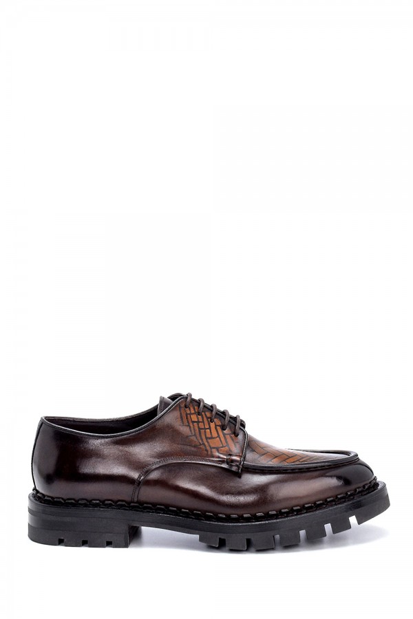 Kahverengi Deri Altı Lastik Bağcıklı Klasik Ayakkabı