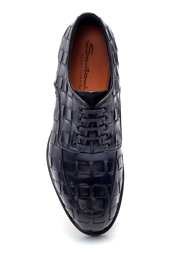 Lacivert Deri Hasır Desen Bağcıklı Klasik Ayakkabı
