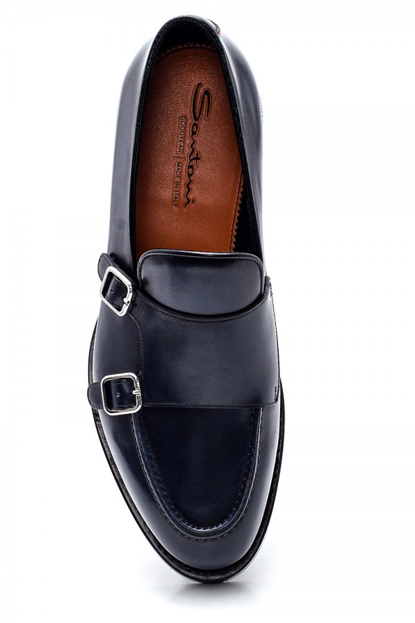Lacivert Deri Çift Tokalı Klasik Ayakkabı