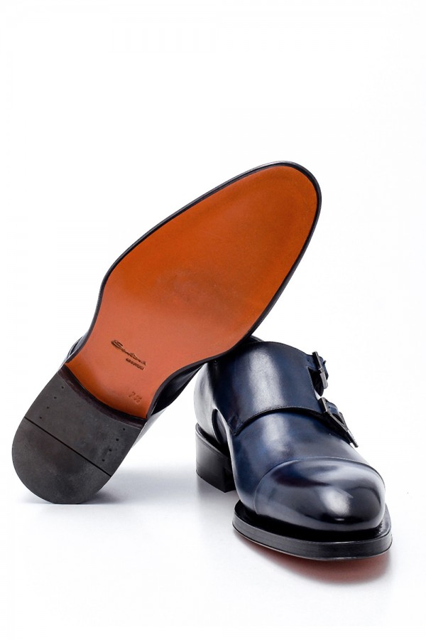 Lacivert Deri Çift Tokalı Goodyear Taban Klasik Ayakkabı