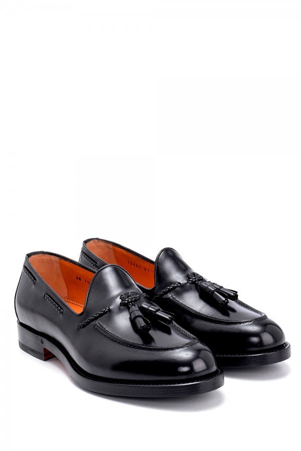 Deri Siyah Püsküllü Altı Yarın Lastik Klasik Ayakkabı