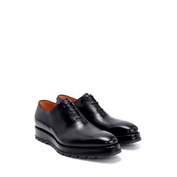 Deri siyah Altı Lastik Bağcıklı Klasik Ayakkabı