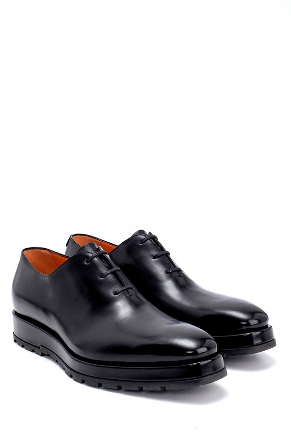 Deri siyah Altı Lastik Bağcıklı Klasik Ayakkabı
