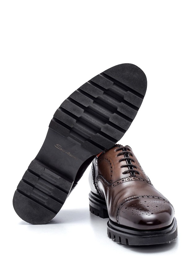 Kahverengi Deri Bağcıklı Tabanı Lastik Klasik Ayakkabı
