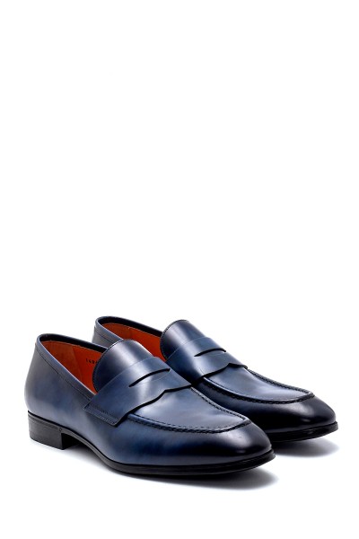 Lacivert Deri Lastik Taban Loafer