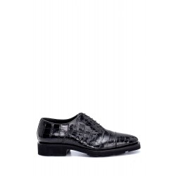 Crocodile Deri Siyah Altı Lastik Bağcıklı Klasik Ayakkabı