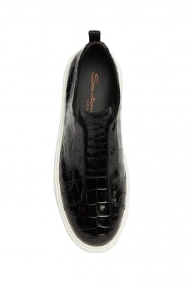Santoni Siyah Crocodile Deri Bağcıksız Erkek Sneakers | Taji